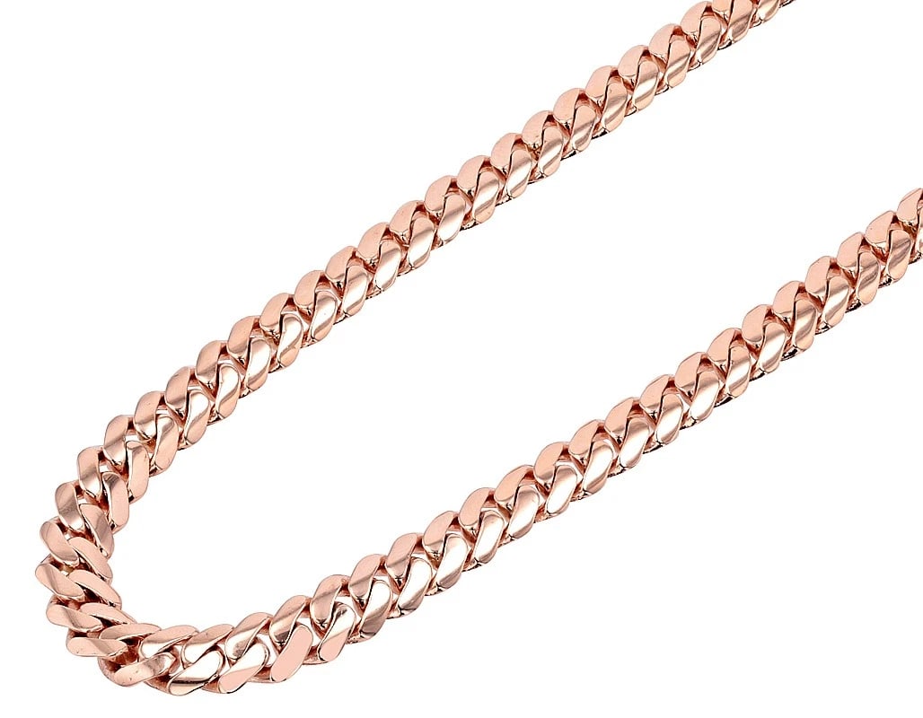 CURB SOLID MIAMI CUBAN LINK CHAIN NECKLACE: Curb Solid Miami Cuban Link Chain Necklace Brand: None Type: Rose Gold Material: 10k Rose Gold, Color: Rose Gold Size: Necklace Length 18" Width 7mm Accessories: None Accessories Notice: When