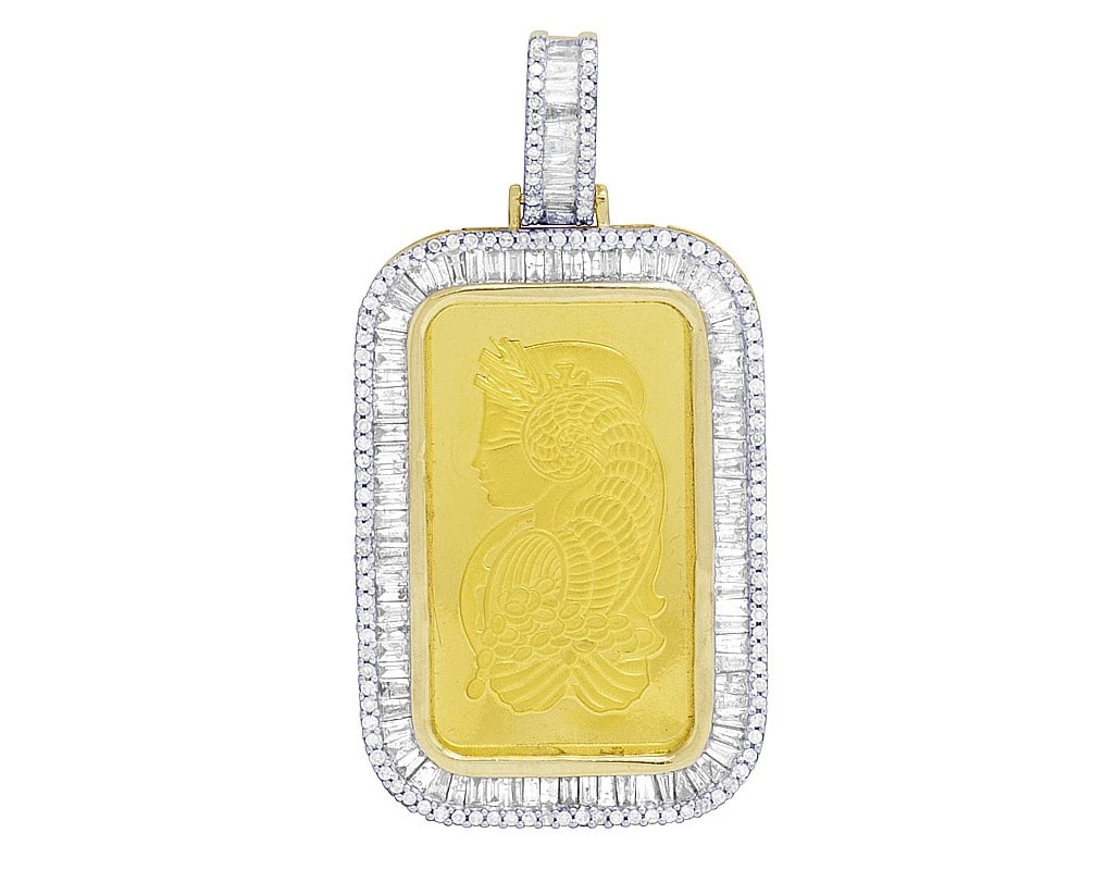 MEN 24K YELLOW GOLD LADY FORTUNA BAR REAL DIAMOND BAGUETTE PENDANT: Men 24K Yellow Gold Lady Fortuna Bar Real Diamond Baguette Pendant Brand: None Type: Necklace Material: 10k Yellow Gold, Main Stone/Creation Natural Color: Yellow Gold Size: Dimension 1.75" 