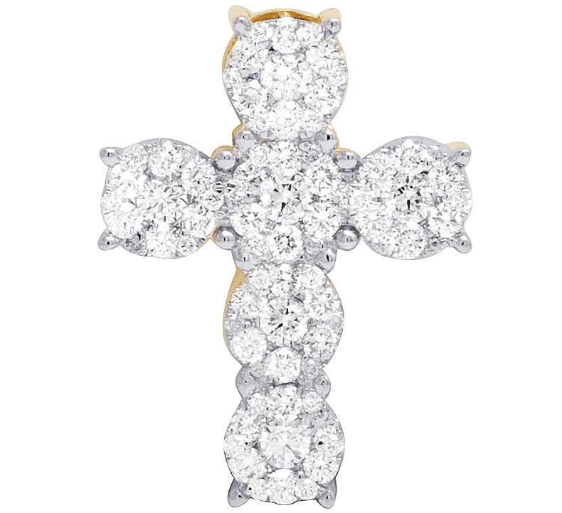 14K YELLOW GOLD GENUINE DIAMOND CLUSTER CROSS PENDANT: 14K Yellow Gold Genuine Diamond Cluster Cross Pendant Brand: None Type: Necklace Material: 14k Yellow Gold, Main Stone/Creation Natural Color: Yellow Gold Size: Dimension 1" Accessories: None