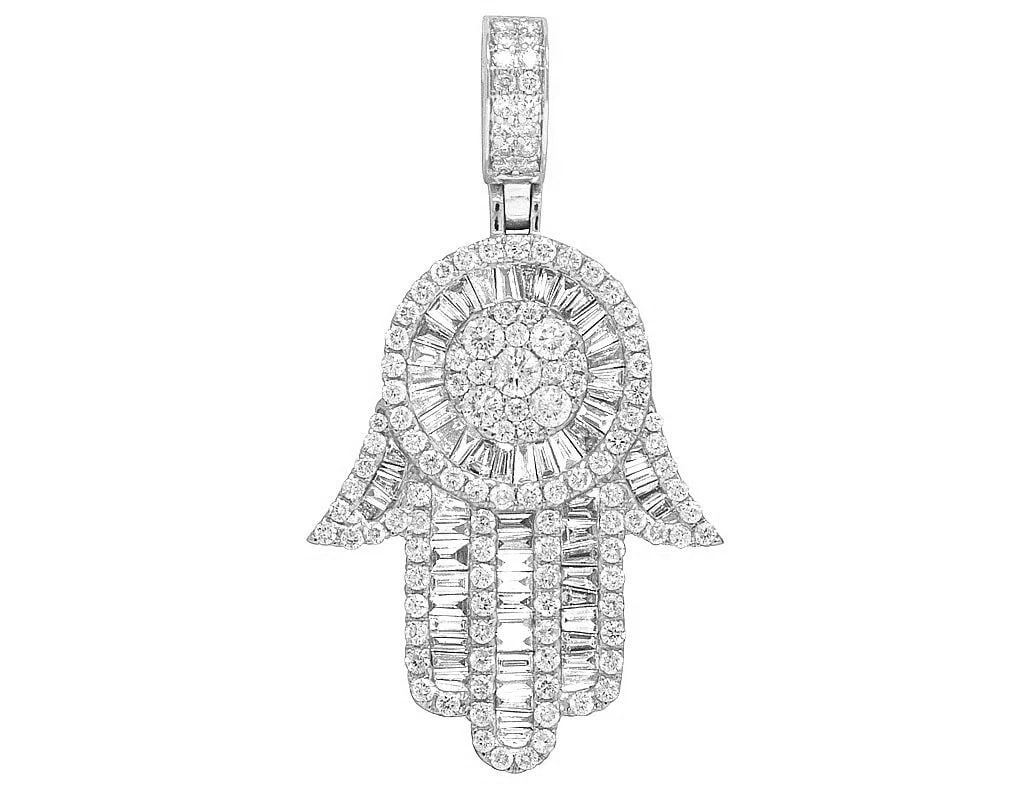 10K WHITE GOLD REAL BAGUETTE DIAMOND HAMSA HAND PENDANT: 10k White Gold Real Baguette Diamond Hamsa Hand Pendant Brand: None Type: Necklace Material: 10k White Gold, Main Stone/Creation Natural Color: White Gold Size: Dimension 1.75" Accessories: None