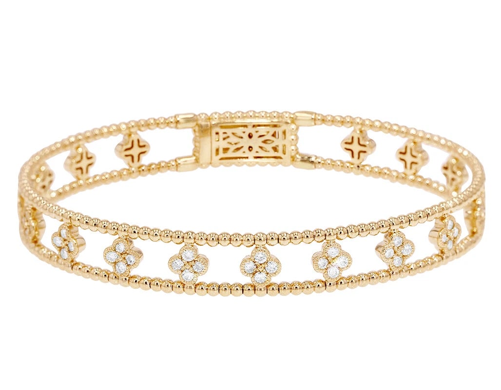 LEAF CLOVER REAL DIAMOND BANGLE BRACELET 14K YELLOW GOLD: Leaf Clover Real Diamond Bangle Bracelet 14K Yellow Gold Brand: None Type: Bracelet Material: 14k Yellow Gold, Main Stone/Creation Natural Color: Yellow Gold Size: Dimension 8MM 6.5" Width 8MMmm L