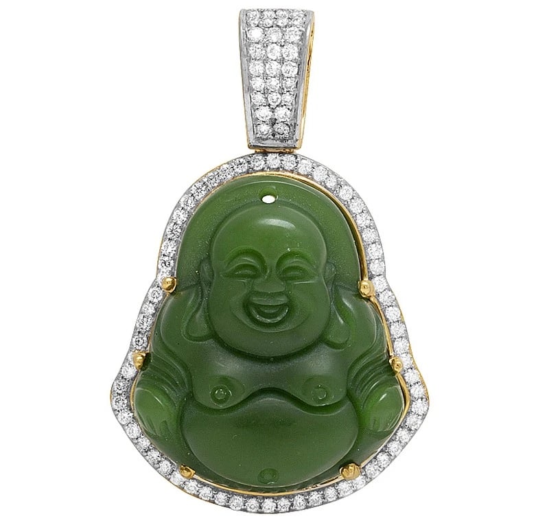 REAL 10K YELLOW GOLD GENUINE DIAMOND SYNTHETIC JADE BUDDHA PENDANT (1 of 3)