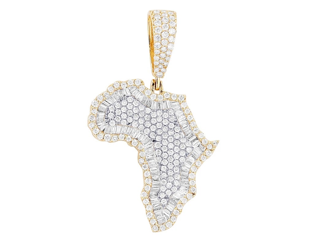 BAGUETTE 1 REAL DIAMOND 'MAP OF AFRICA' PENDANT: Baguette 1 Real Diamond 'Map of Africa' Pendant Brand: None Type: Pendant Material: 10k Yellow-White Gold, Main Stone/Creation Natural Color: Yellow-White Gold Size: Yellow-White Gold Accessories