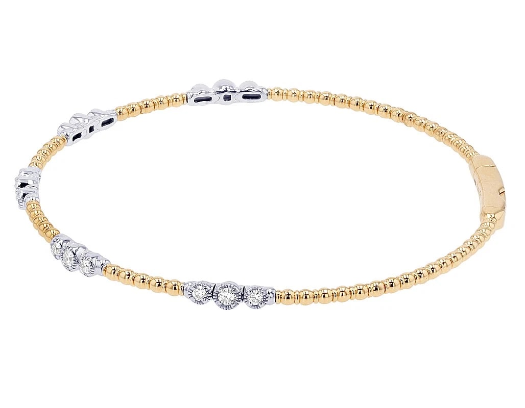 14K YELLOW-WHITE GOLD BEADED DIAMOND ACCENT BANGLE BRACELET: 14K Yellow-White Gold Beaded Diamond Accent Bangle Bracelet Brand: None Type: Bracelet Material: 14k Yellow-White Gold, Main Stone/Creation Natural Color: Yellow-White Gold Size: Dimension Diamete