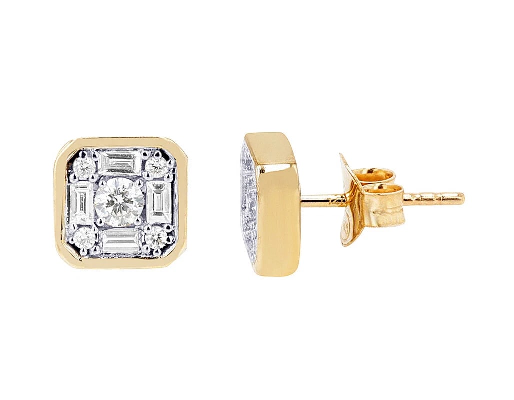 BAGUETTE HALO REAL DIAMOND STUD EARRINGS: Baguette Halo Real Diamond Stud Earrings Brand: None Type: Earrings Material: 14k Yellow Gold, Main Stone/Creation Natural Color: Yellow Gold Size: Dimension L 14mm , W 7.8mm Accessories: None