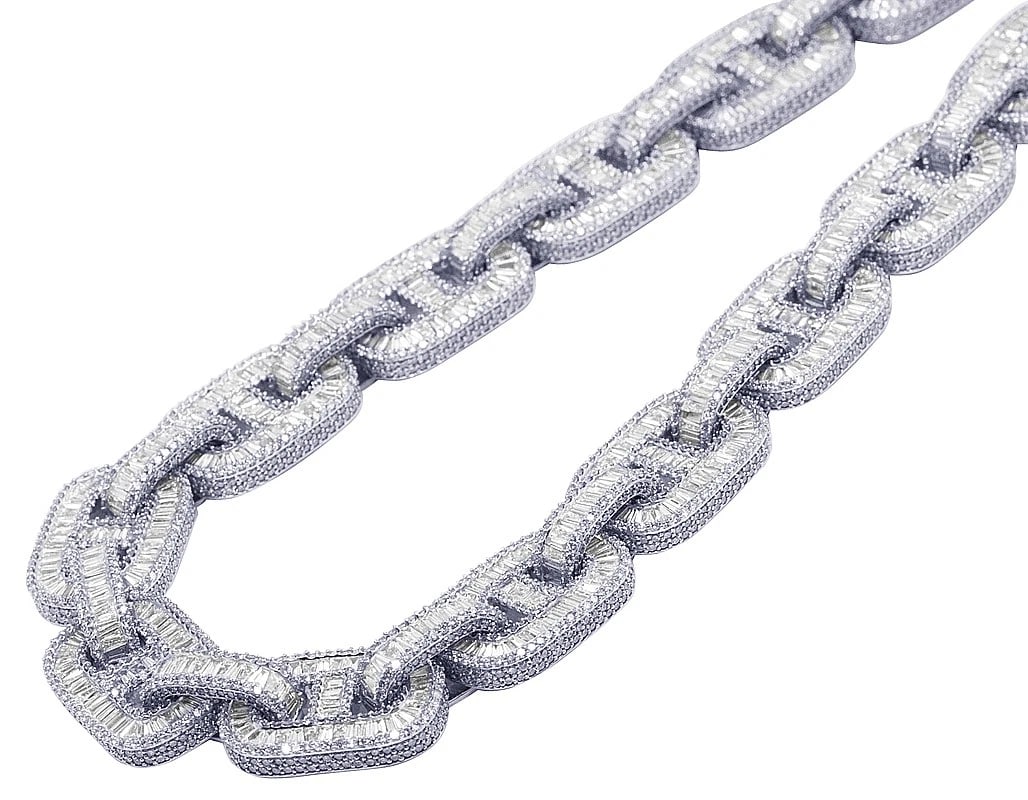 BAGUETTE DIAMOND 10K GOLD CHAIN: Baguette Diamond 10K Gold Chain Brand: None Type: Necklace Material: 10k White Gold, Main Stone/Creation Natural Color: White Gold Size: Width16MMmm Length18" in Accessories: None Accessor