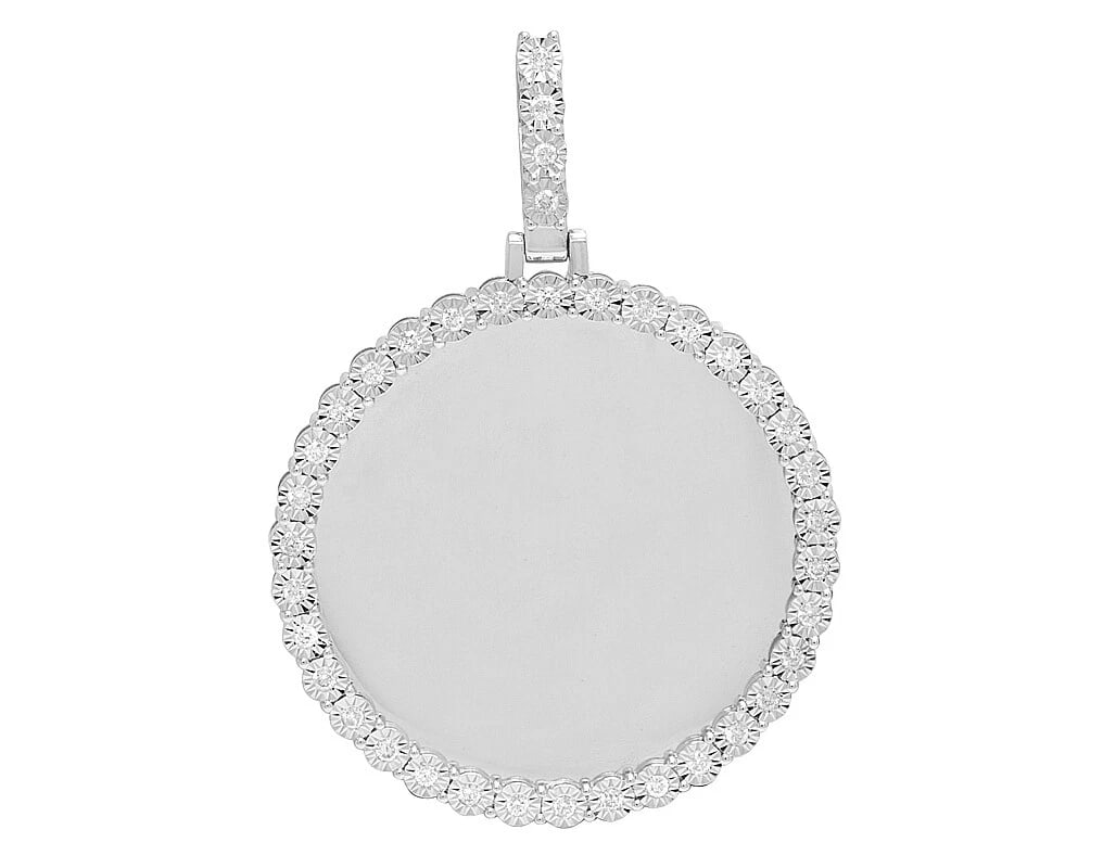 10K WHITE GOLD MEMORY FRAME MEDALLION ILLUSION SET PHOTO PENDANT: 10K White Gold Memory Frame Medallion Illusion Set Photo Pendant Brand: None Type: Necklace Material: 10k White Gold, Main Stone/Creation Natural Color: White Gold Size: Dimension 2" 