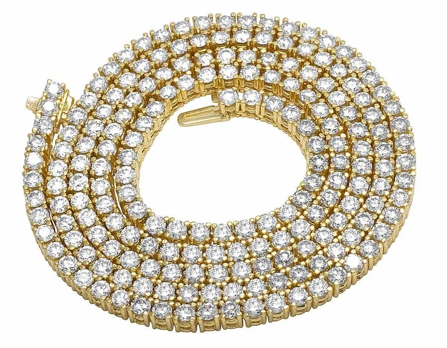 10K YELLOW GOLD GENUINE DIAMOND ONE ROW TENNIS PRONG CHAIN NECKLACE: 10K Yellow Gold Genuine Diamond One Row Tennis Prong Chain Necklace Brand: None Type: Necklace Material: 10k Yellow Gold, Main Stone/Creation Natural Color: Yellow Size: Length 26 in Width 3mm