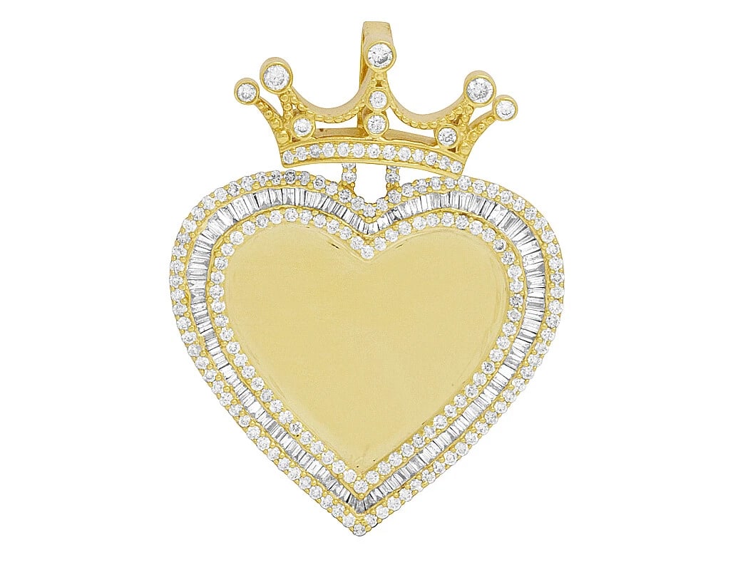 10K YELLOW GOLD REAL DIAMOND BAGUETTE CROWN HEART MEMORY PENDANT: 10K Yellow Gold Real Diamond Baguette Crown Heart Memory Pendant Brand: None Type: Necklace Material: 10k Yellow Gold, Main Stone/Creation Natural Color: Yellow Gold Size: Dimension 1.75" Accesso