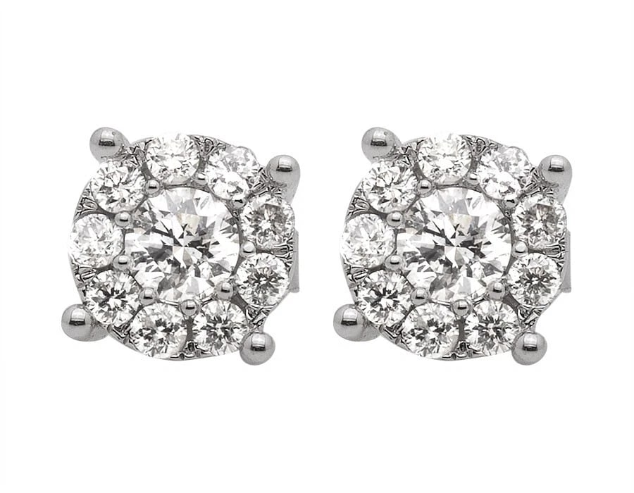 14K WHITE GOLD SOLITAIRE ILLUSION HALO GENUINE DIAMOND STUD EARRINGS: 14K White Gold Solitaire Illusion Halo Genuine Diamond Stud Earrings Brand: None Type: Earrings Material: 14k White Gold, Main Stone/Creation Natural Color: White Size: Dimension 8MM diameter Acc