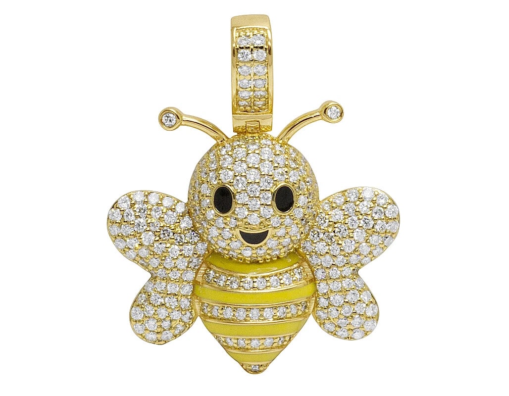 14K YELLOW GOLD REAL DIAMOND BUMBLE BEE EMOJI PENDANT: 14K Yellow Gold Real Diamond Bumble Bee Emoji Pendant Brand: None Type: Necklace Material: 14k Yellow Gold, Main Stone/Creation Natural Color: Yellow Gold Size: Dimension 1.41" Accessories: None