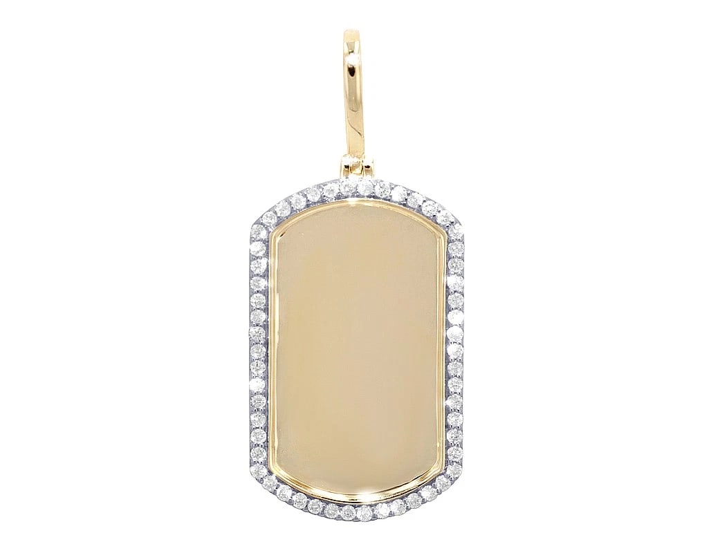 DOG TAG REAL DIAMOND FRAME MEMORY PENDANT: Dog Tag Real Diamond Frame Memory Pendant Brand: None Type: Pendant Material: 10k Yellow Gold, Main Stone/Creation Natural Color: Yellow Gold Size: Dimension W 19mm, L 0.75", H 2mm Accessories: N