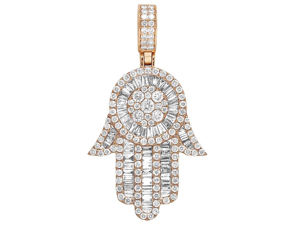 10K ROSE GOLD REAL BAGUETTE DIAMOND HAMSA HAND PENDANT: 10k Rose Gold Real Baguette Diamond Hamsa Hand Pendant Brand: None Type: Necklace Material: 10k Rose Gold, Main Stone/Creation Natural Color: Rose Gold Size: Dimension 1.75" Accessories: None