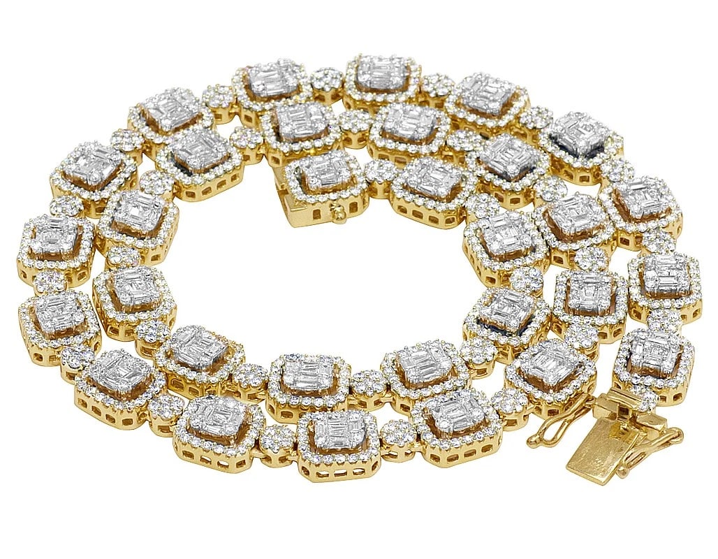 BAGUETTE DIAMOND CHOKER CHAIN NECKLACE 10K: Baguette Diamond Choker Chain Necklace 10K Brand: None Type: Necklace Material: 10k Yellow Gold, Color: Yellow Gold Size: Width 9mm Length 18" in Accessories: None Accessories Notice: When