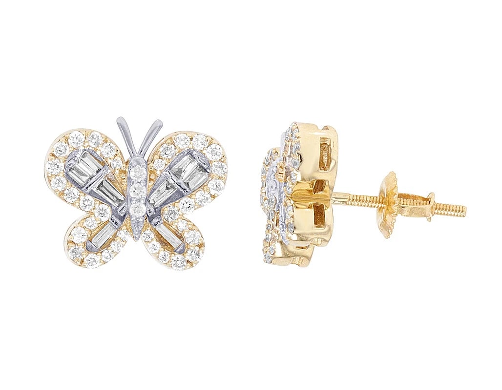 BAGUETTE REAL DIAMOND BUTTERFLY STUD EARRING: Baguette Real Diamond Butterfly Stud Earring Brand: None Type: Earrings Material: 10k Yellow-White Gold, Main Stone/Creation Natural Color: Multi-Tone Size: Dimension L 15mm , W 11mm Accessories: