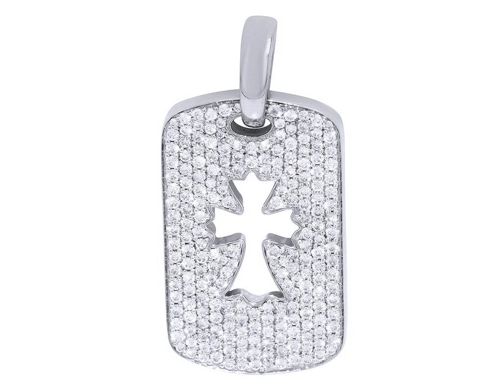 HOLLOW CROSS REAL DIAMOND TAG PENDANT: Hollow Cross Real Diamond Tag Pendant Brand: None Type: Necklace Material: 10k White Gold, Main Stone/Creation Natural Color: White Gold Size: Dimension L 1.5" x W 18mm Accessories: None A