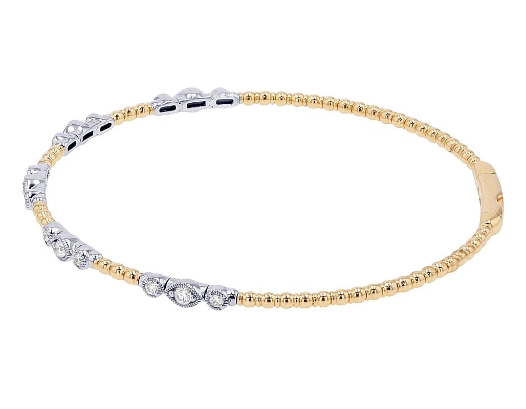 14K YELLOW-WHITE GOLD BEADED DIAMOND ACCENT BANGLE BRACELET: 14K Yellow-White Gold Beaded Diamond Accent Bangle Bracelet Brand: None Type: Bracelet Material: 14k Yellow-White Gold, Main Stone/Creation Natural Color: Yellow-White Gold Size: Dimension 2.13",