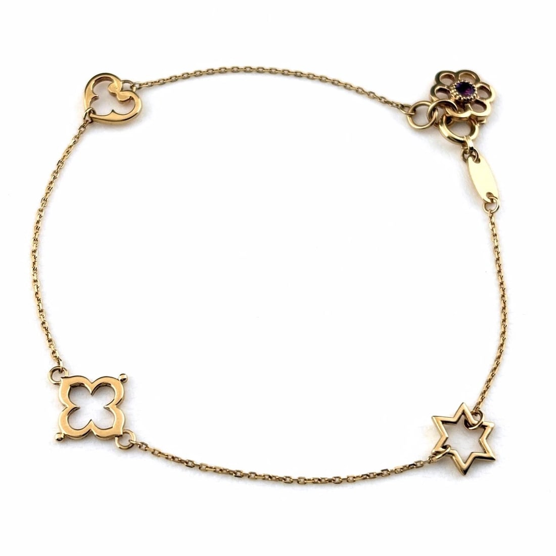 4? AMETHYST DESIGN BRACELET YG YELLOWGOLD: 4? Amethyst Design Bracelet YG YellowGold Brand: 4? Type: Bracelet Material: 18K, Main Stone/Creation Amethyst Color: Yellow Gold Size: Wrist Size 17cm(6.7") Maximum Bracelet width 8.2mm(0.3")