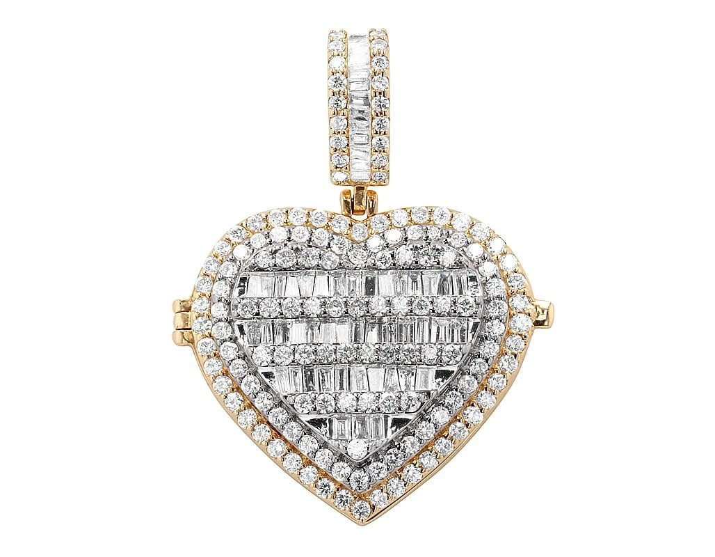 10K YELLOW-WHITE GOLD BAGUETTE & ROUND DIAMOND HEART LOCKET PENDANT: 10k Yellow-White Gold Baguette & Round Diamond Heart Locket Pendant Brand: None Type: Pendant Material: 10k Yellow-White, Main Stone/Creation Natural Earth Mined Diamonds Color: Yellow-White 