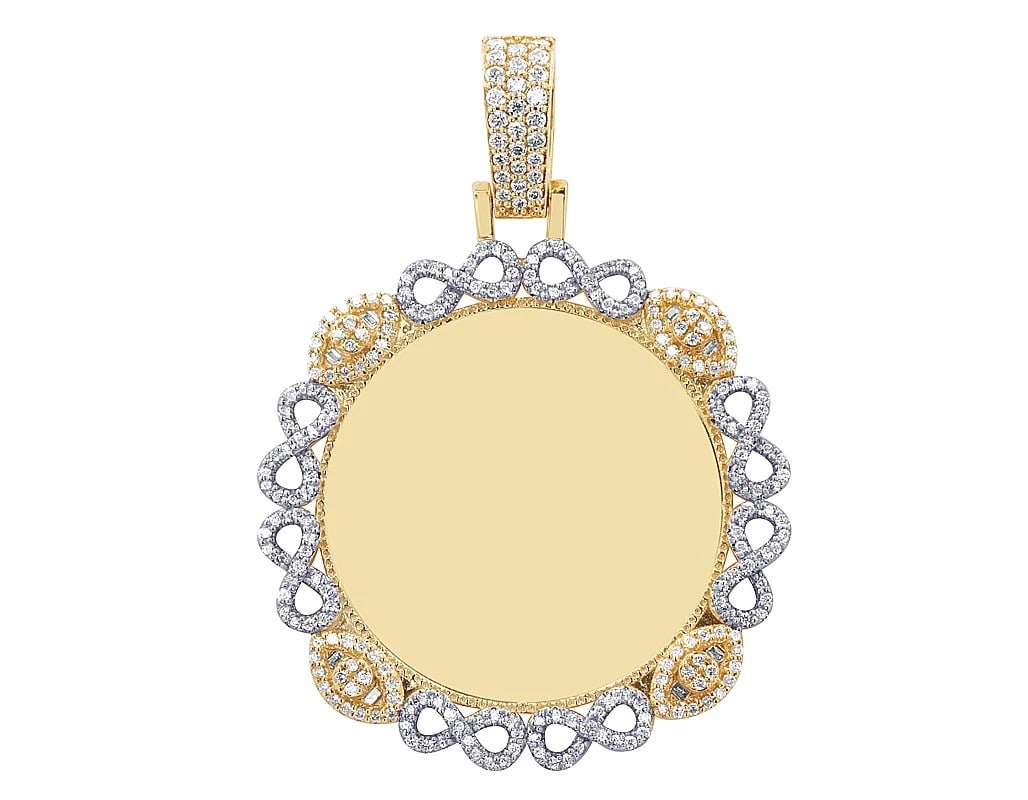 10K YELLOW-WHITE GOLD DIAMOND MEMORY PENDANT: 10K Yellow-White Gold Diamond Memory Pendant Brand: None Type: Pendant Material: 10k Yellow-White Gold, Main Stone/Creation Natural Earth Mined Diamonds Color: Yellow-White Gold Size: Diameter 43.