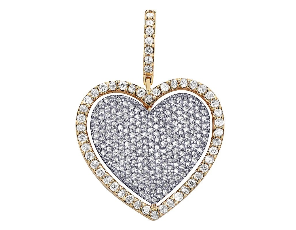 ROTATING HEART FRAME DIAMOND MEMORY PENDANT: Rotating Heart Frame Diamond Memory Pendant Brand: None Type: Pendant Material: 10k Yellow-White Gold, Main Stone/Creation Natural Color: Yellow-White Gold Size: Dimension Length 25.6MM Width 26.2