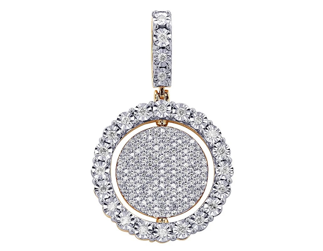ROTATING ILLUSION FRAME DIAMOND COIN PENDANT: Rotating Illusion Frame Diamond Coin Pendant Brand: None Type: Pendant Material: 10k Yellow-White Gold, Main Stone/Creation Natural Earth Mined Diamonds Color: Yellow Gold Size: Diameter 21.5MM +
