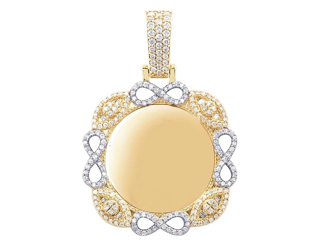 10K TWO-TONE INFINITY & EYE FRAME DIAMOND MEMORY PENDANT: 10K Two-Tone Infinity & Eye Frame Diamond Memory Pendant Brand: None Type: Pendant Material: 10k Yellow-White Gold, Main Stone/Creation Natural Color: Yellow Gold Size: Diameter 34MM Bail 15MM