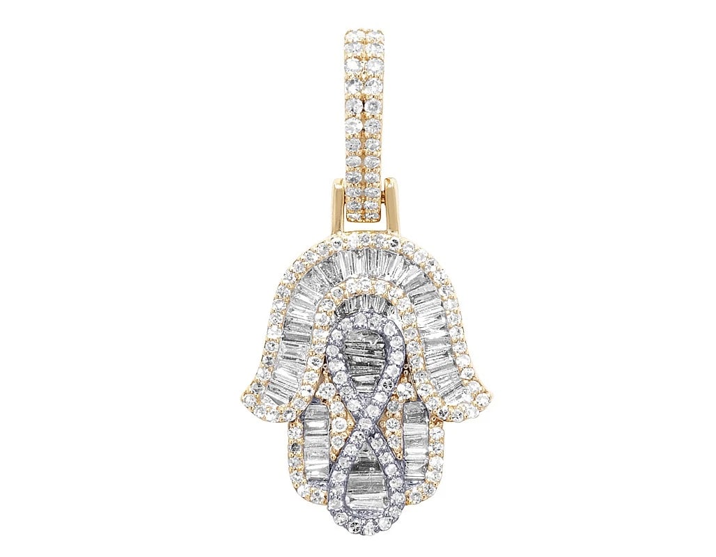BAGUETTE REAL DIAMOND INFINITY HAMSA PENDANT: Baguette Real Diamond Infinity Hamsa Pendant Brand: None Type: Pendant Material: 10k Yellow-White Gold, Main Stone/Creation Natural Color: Multi-Tone Size: DimensionL 1.2" , W 0.6" , H 0.2" 
