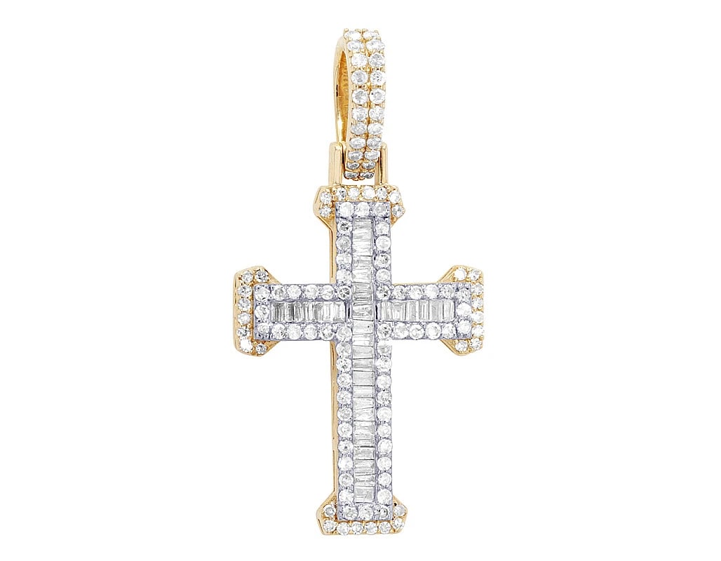 CHANNEL BAGUETTE REAL DIAMOND CROSS PENDANT: Channel Baguette Real Diamond Cross Pendant Brand: None Type: Pendant Material: 10k Multi-Tone Gold, Main Stone/Creation Natural Color: Multi-Tone Size: Dimension L 1.4" , W 0.7" , H 0.1" 