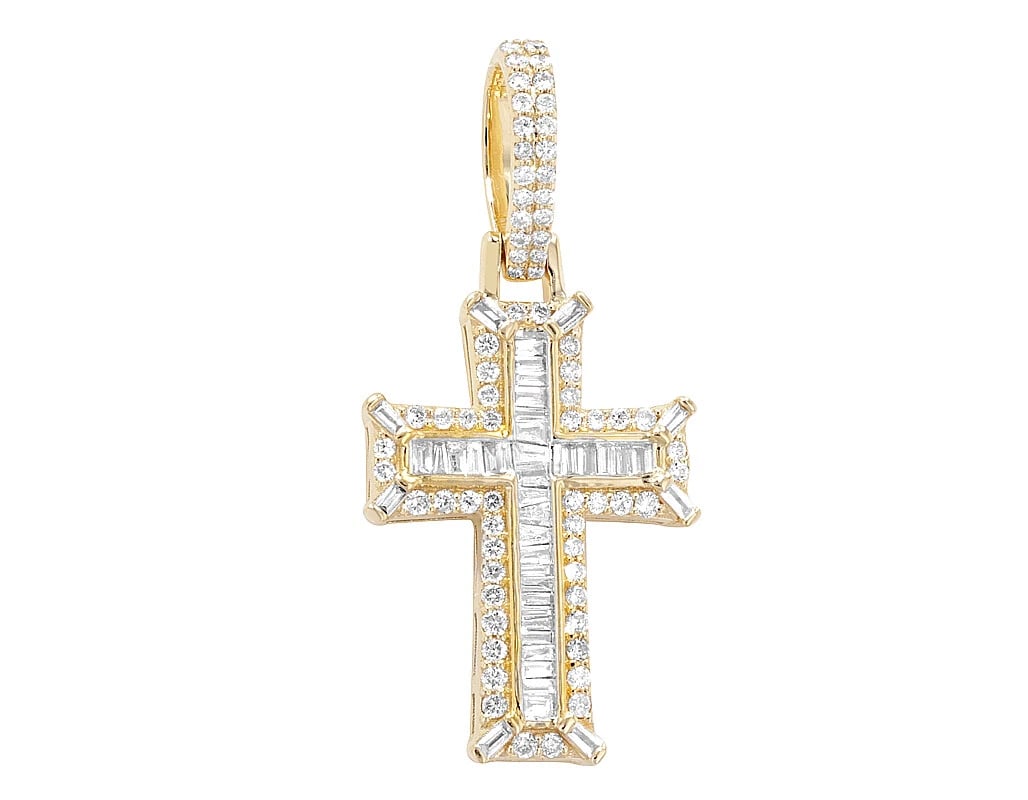 CHANNEL BAGUETTE REAL DIAMOND CROSS PENDANT: Channel Baguette Real Diamond Cross Pendant Brand: None Type: Pendant Material: 10k Yellow Gold, Main Stone/Creation Natural Color: Yellow Gold Size: Dimension L 1.5" , W 0.7" , H 0.2" 