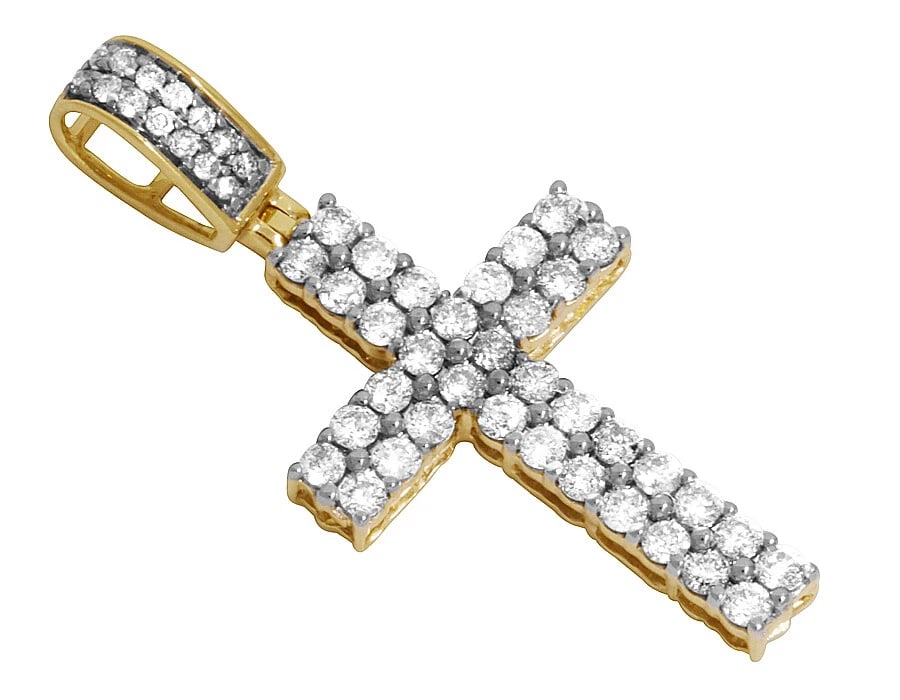 GENUINE DIAMOND 10K YELLOW GOLD TWO ROW PRONG CROSS PENDANT CHARM: Genuine Diamond 10K Yellow Gold Two Row Prong Cross Pendant Charm Brand: None Type: Necklace Material: 10k Yellow Gold, Main Stone/Creation Natural Color: Yellow Gold Size: Dimension 1.5" 
