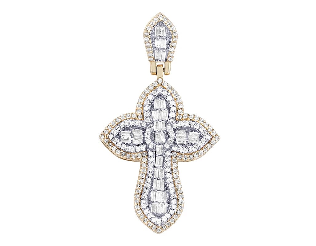 BAGUETTE REAL DIAMOND CROSS PENDANT: Baguette Real Diamond Cross Pendant Brand: None Type: Pendant Material: 10k Yellow-White Gold, Main Stone/Creation Natural Color: Yellow Gold Size: Dimension L 1.5", W 0.8" Accessories: None <