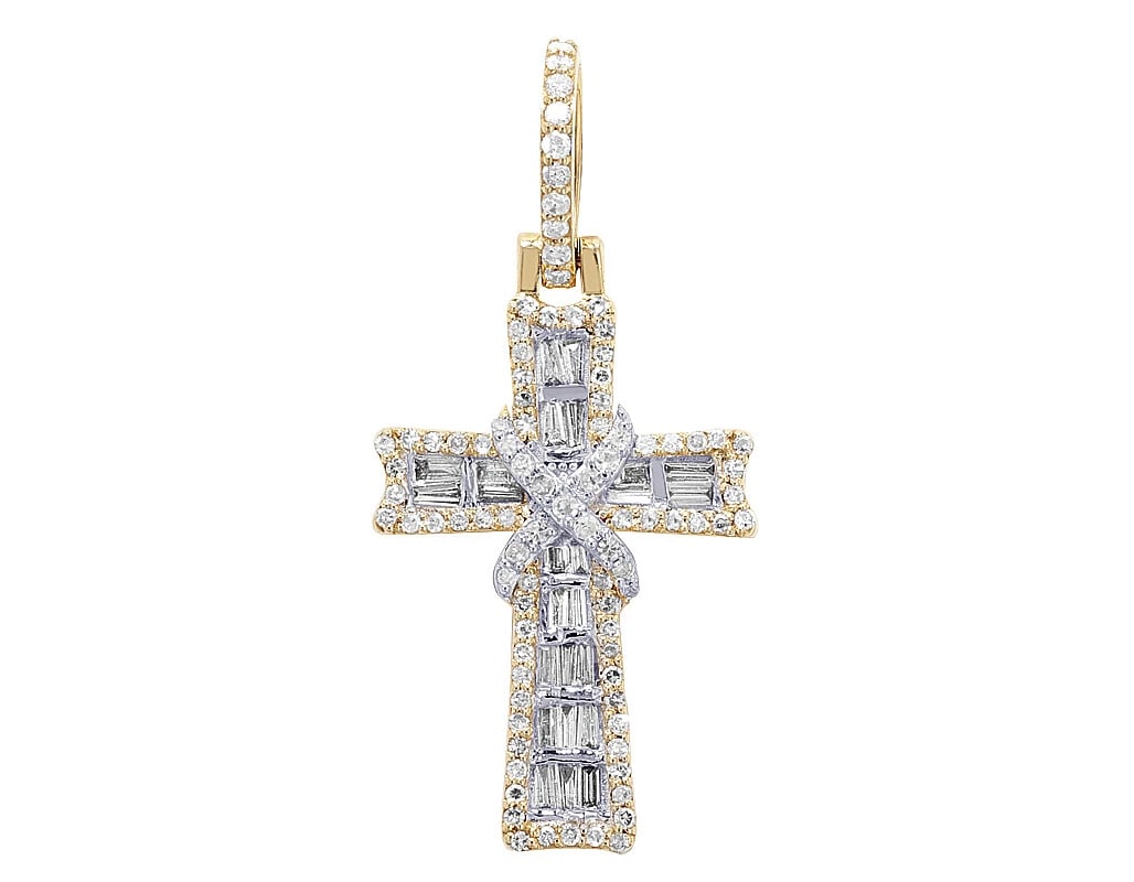 BAGUETTE REAL DIAMOND CROSS PENDANT: Baguette Real Diamond Cross Pendant Brand: None Type: Pendant Material: 10k Yellow-White Gold, Main Stone/Creation Natural Color: Multi-Tone Gold Size: L 1.4" , W 0.7" , H 0.2" Accessories: None
