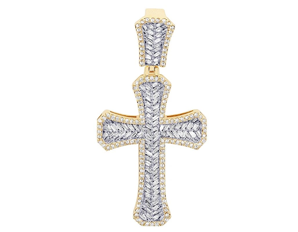 BAGUETTE DIAMONDS CROSS PENDANT 10K YELLOW GOLD: Baguette Diamonds Cross Pendant 10k Yellow Gold Brand: None Type: Pendant Material: 10k Yellow Gold, Main Stone/Creation Natural Color: Yellow Gold Size: Dimension L 2.2", W 27.4 MM 