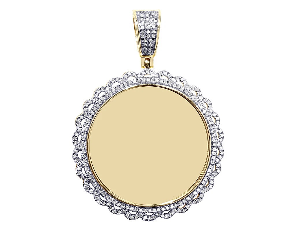 FLOWER FRAME DIAMOND MEMORY PENDANT: Flower Frame Diamond Memory Pendant Brand: None Type: Pendant Material: 10k Yellow Gold, Main Stone/Creation Natural Color: Multi-Tone Size: Dimension L 2.0", W 1.5" Accessories: None Acce