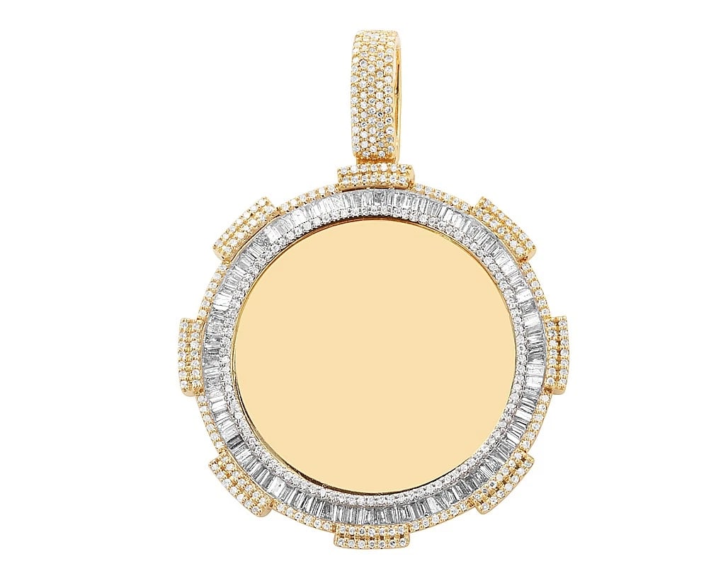 ROUND MEMORY PENDANT BAGUETTE & ROUND DIAMONDS: Round Memory Pendant Baguette & Round Diamonds Brand: None Type: Pendant Material: 10k Yellow Gold, Main Stone/Creation Natural Earth Mined Diamonds Color: Yellow Gold Size: Dimension Diameter