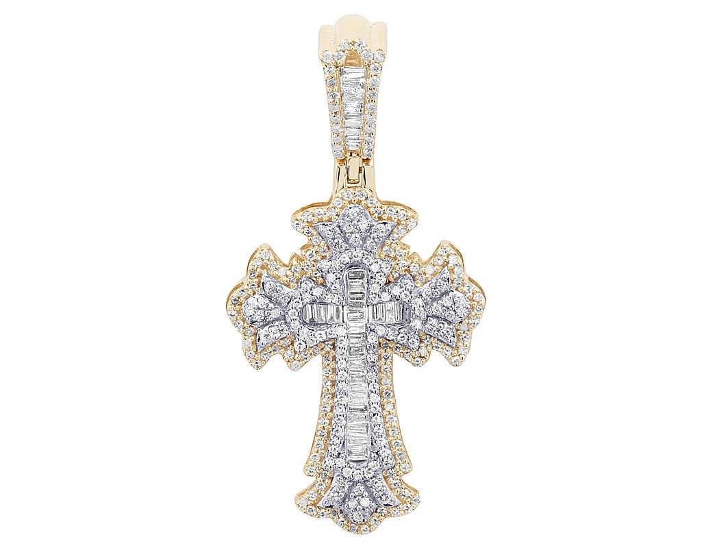 2 LAYER REAL DIAMOND CROSS PENDANT: 2 Layer Real Diamond Cross Pendant Brand: None Type: Pendant Material: 10k Yellow Gold, Main Stone/Creation Natural Color: Yellow Size: Dimension L 1.79" , W 23.3 MM Accessories: None