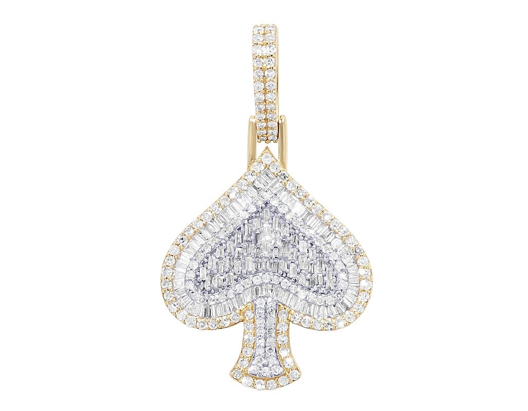 BAGUETTE SPADE REAL DIAMOND PENDANT 10K YELLOW GOLD: Baguette Spade Real Diamond Pendant 10K Yellow Gold Brand: None Type: Pendant Material: 10k Yellow-White Gold, Main Stone/Creation Natural Color: Multi-Tone Size: Dimension L 1.5" , W 0.9" , H