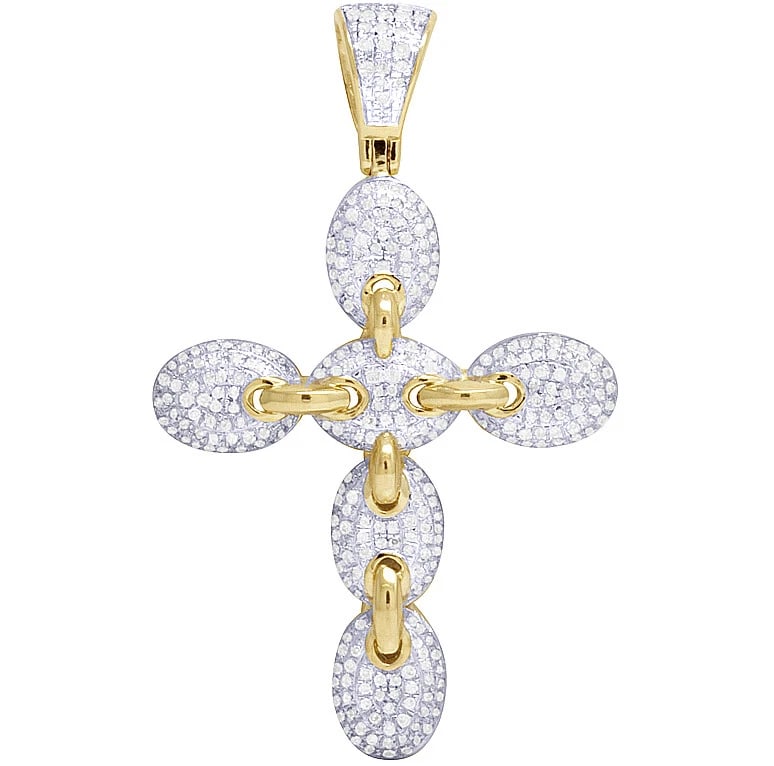 10K YELLOW GOLD REAL DIAMOND MARINER LINK CROSS PENDANT: 10K Yellow Gold Real Diamond Mariner Link Cross Pendant Brand: None Type: Necklace Material: 10k Yellow Gold, Main Stone/Creation Natural Color: Yellow Gold Size: Dimension 1.7" Accessories: