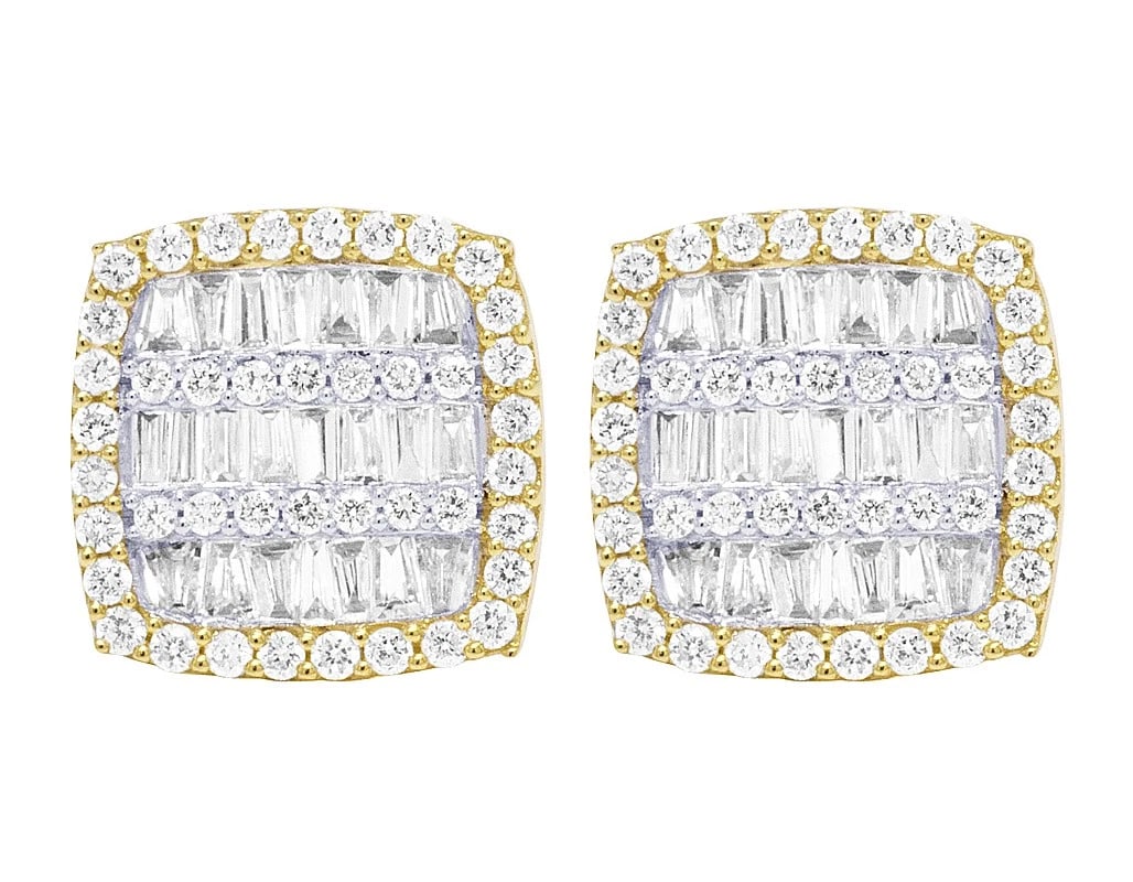 10K GOLD BAGUETTE DIAMOND SQUARE EARRINGS 12MM: 10k Gold Baguette Diamond Square Earrings 12MM Brand: None Type: Earrings Material: 10k Yellow Gold, Main Stone/Creation Natural Color: Yellow Gold Size: Dimension 12MM Accessories: None
