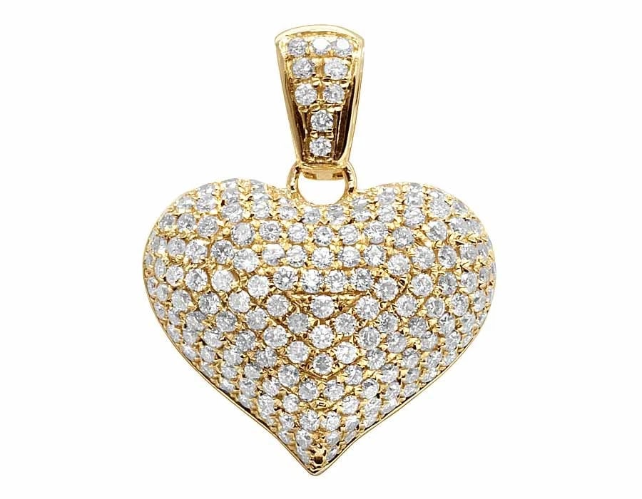 14K YELLOW GOLD PUFF ICED GENUINE DIAMOND HEART PENDANT CHARM: 14K Yellow Gold Puff Iced Genuine Diamond Heart Pendant Charm Brand: None Type: Necklace Material: 14k Yellow Gold, Main Stone/Creation Natural Color: Yellow Gold Size: Dimension 1.0" Accessories
