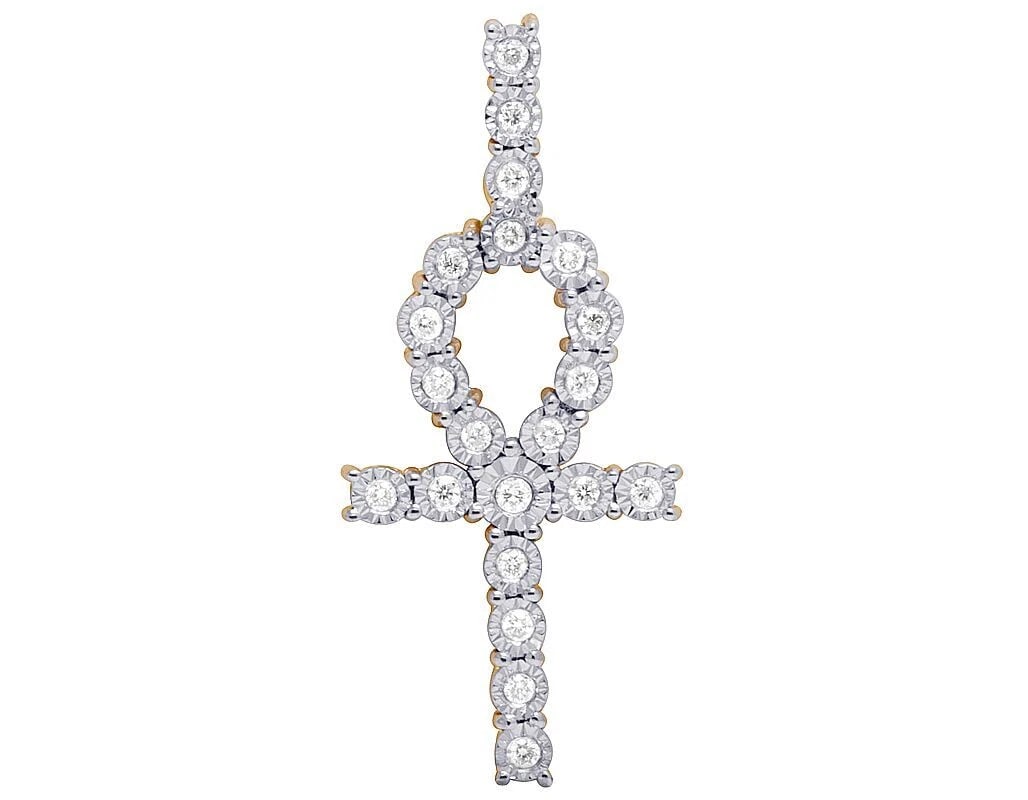 REAL 10K YELLOW GOLD GENUINE DIAMOND MIRACLE SET ANKH CROSS PENDANT: Real 10K Yellow Gold Genuine Diamond Miracle Set Ankh Cross Pendant Brand: None Type: Necklace Material: 10k Yellow Gold, Main Stone/Creation Natural Color: Yellow Gold Size: Dimension 1.5
