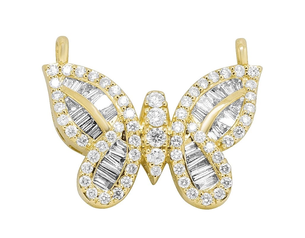 BUTTERFLY BAGUETTE REAL DIAMOND PENDANT: Butterfly Baguette Real Diamond Pendant Brand: None Type: Necklace Material: 10k Yellow Gold, Main Stone/Creation Natural Color: Yellow Gold Size: Dimension 1"W 0.6"L Accessories: None