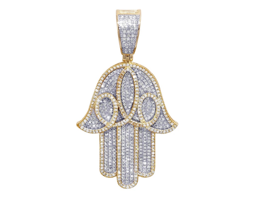 HAMSA REAL DIAMOND PENDANT 10K YELLOW: Hamsa Real Diamond Pendant 10K Yellow Brand: None Type: Necklace Material: 10k Yellow White Gold, Main Stone/Creation Natural Color: Multi-Tone Size: Dimension L1.8" x W 1" H 4mm Accessories: