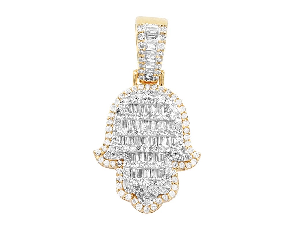 BAGUETTE REAL DIAMOND HAMSA PENDANT 10K YELLOW GOLD: Baguette Real Diamond Hamsa Pendant 10K Yellow Gold Brand: None Type: Pendant Material: 10k Yellow-White, Main Stone/Creation Natural Color: Multi-Tone Size: Dimension L 1.2" , W 0.7" , H 0.2"