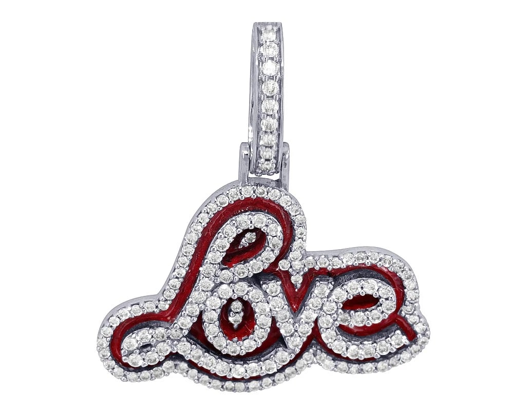 LOVE WITH CRIMSON RED ENAMEL REAL DIAMOND PENDANT: Love with Crimson Red Enamel Real Diamond Pendant Brand: None Type: Pendant Material: 10k Multi-Tone Gold, Main Stone/Creation Natural Color: White Gold Size: Dimension L 1" , W 0.9" 