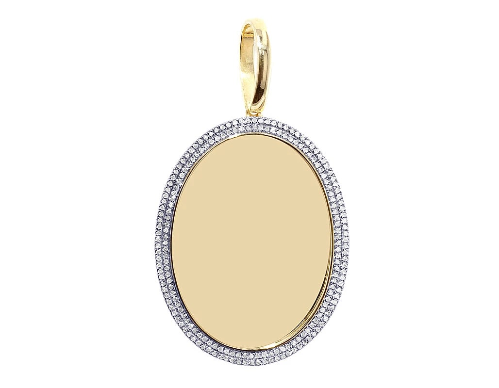2 ROW OVAL SHAPE MEMORY PICTURE PENDANT: 2 Row Oval Shape Memory Picture Pendant Brand: None Type: Pendant Material: 10k Yellow Gold, Main Stone/Creation Natural Color: Yellow Gold Size: Dimension L 2" , W 1.1" Accessories: None