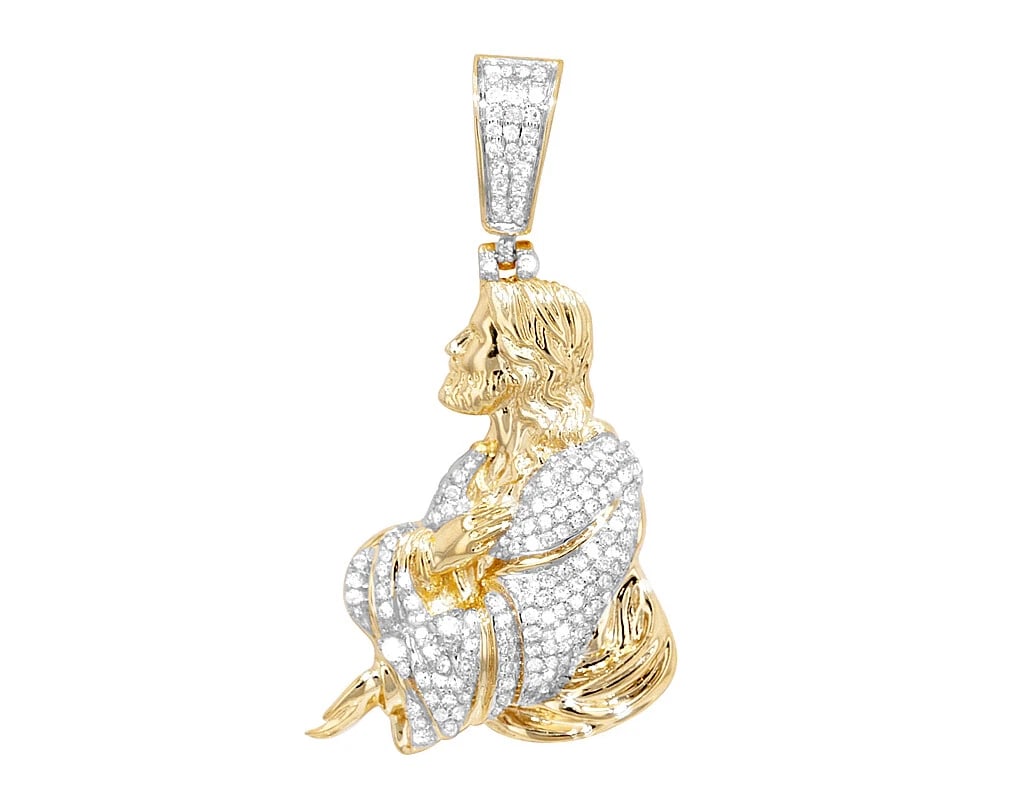 PRAYING JESUS REAL DIAMOND PENDANT YELLOW GOLD: Praying Jesus Real Diamond Pendant Yellow Gold Brand: None Type: Necklace Material: 10k Yellow Gold, Main Stone/Creation Natural Color: Yellow Gold Size: Dimension W 22mm, L 1.5", H 9mm 