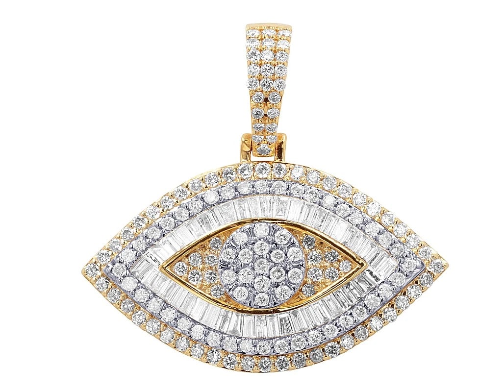 10K YELLOW-WHITE GOLD EVIL EYE BAGUETTE & ROUND DIAMOND PENDANT: 10K Yellow-White Gold Evil Eye Baguette & Round Diamond Pendant Brand: None Type: Pendant Material: 10k Yellow Gold, Main Stone/Creation Natural Earth Mined Diamonds Color: Yellow Gold Size: