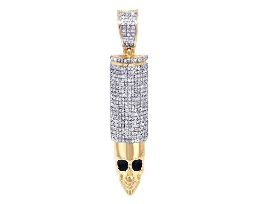 SKULL BULLET REAL DIAMOND PENDANT 10K: Skull Bullet Real Diamond Pendant 10K Brand: None Type: Necklace Material: 10k Multi-Tone Gold, Main Stone/Creation Natural Color: Multi-Tone Size: Dimension 2" Accessories: None Accessories